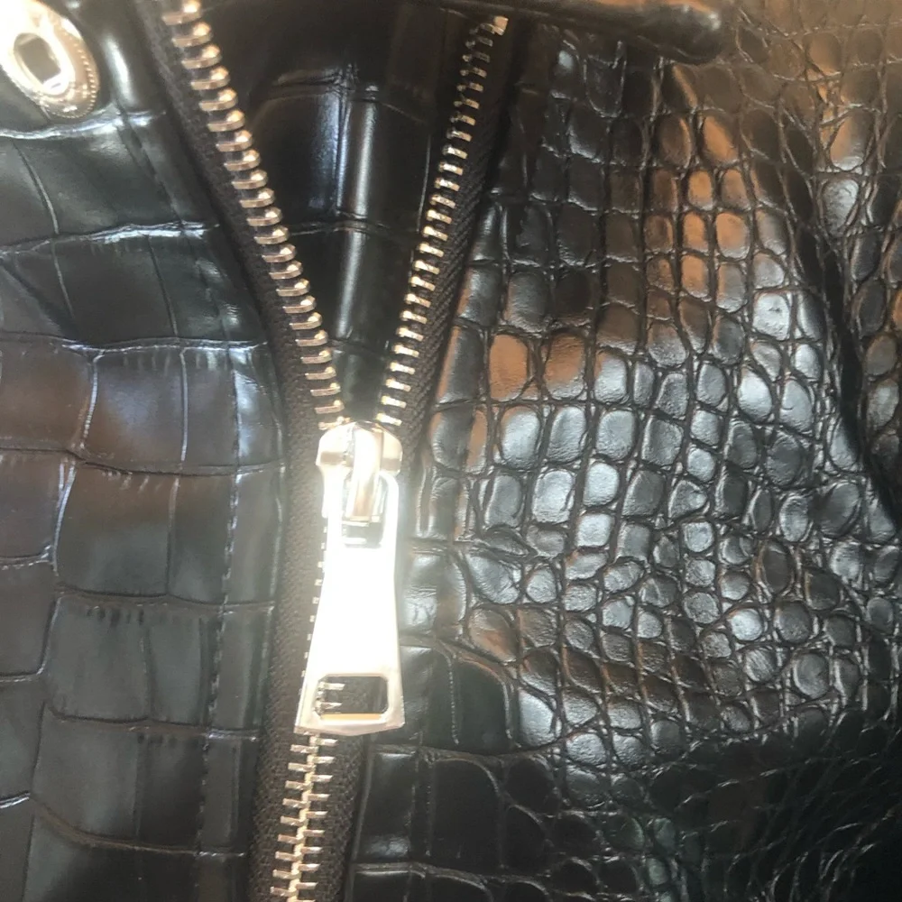 Black Croc-Embossed Faux Leather Moto Jacket with Faux Fur Sleeves